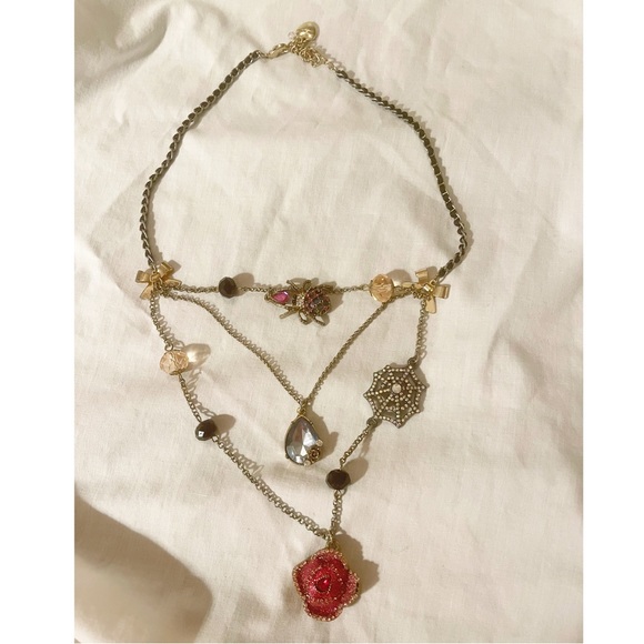 Betsey Johnson Layered Necklace Spider Web Rose Rhinestone - Picture 6 of 11